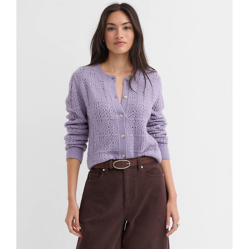 NEW Loft Windowpane Pointelle Cardigan sweater Size‎ XL lavender purple